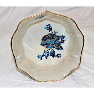 Genuine Vintage Lenox Pagoda 5” Porcelain Bowl 24k Gold Trim Blue Floral